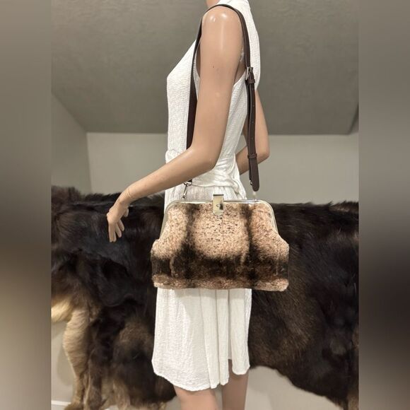 Real Rex Rabbit Fur Handmade Unique Rivet Frame Push Lock Handbag, Crossbody - Picture 8 of 16